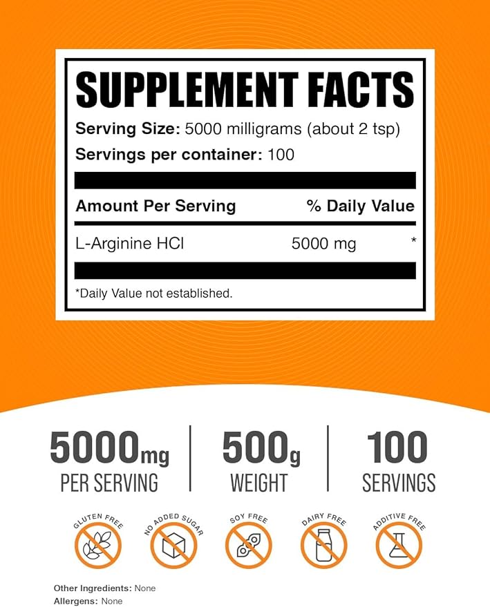 BulkSupplements.com L-Arginine HCl Powder - Arginine Supplement, Nitric Oxide Supplement - Arginine Powder, Unflavored & Gluten Free, 5000mg per Serving, 500g (1.1 lbs) (Pack of 1)