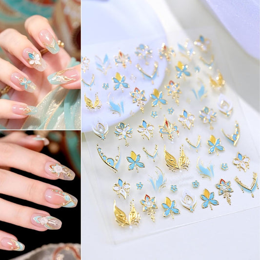 1 Sheet Flower Nail Stickers 5D Embossed Blue Gold Floral Nail Decals 3D Self-Adhesive New Chinese Style Nail Supplies Aurora Lotus Flower Nails Designs for Women Girls DIY Manicure