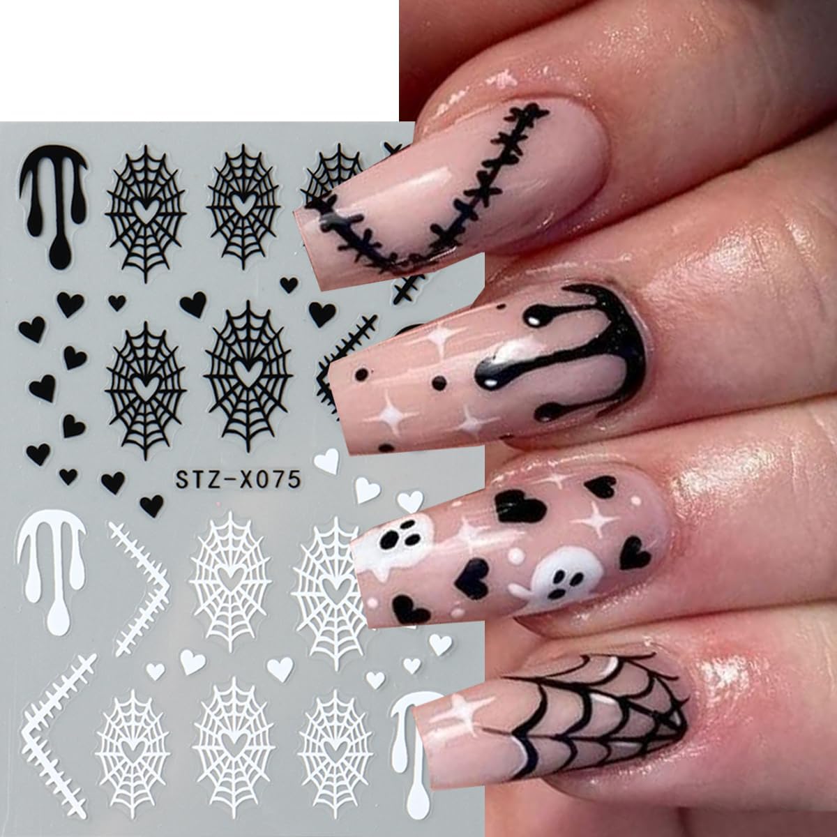Halloween Nail Stickers 3D Self Adhesive Nail Art Stickers Ghost Nail Decals Spider Web French Tips Heart Flame Black White Design Spider Nails Sticker for Nails Art for Women DIY Manicure 6 Sheets