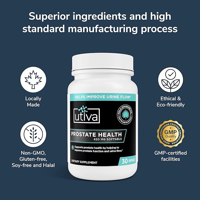 Utiva Prostate Health Supplement for Men - Natural Formula for Prostate Function and Urine Flow - Beta-Sitosterol and Saw Palmetto Prostate Supplement - Made in Canada, 30 Softgels