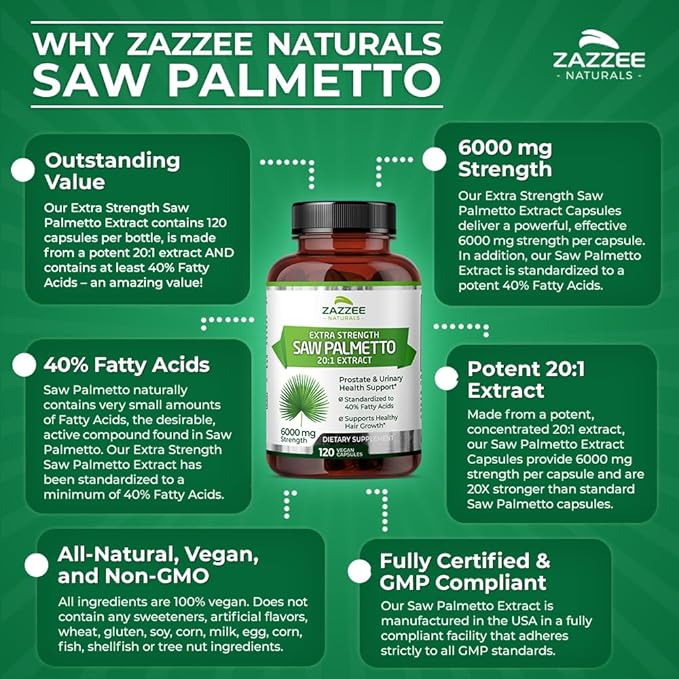 Zazzee Extra Strength Saw Palmetto 20:1 Extract, 6000 mg Strength, 40% Fatty Acids, 120 Vegan Capsules, 4 Month Supply, Concentrated and Standardized 20X Extract, Non-GMO, All-Natural, Made in the USA
