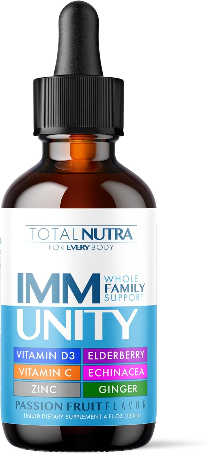 Total Immune 6-in-1 Liquid Multivitamin Supplement | 100% Daily Zinc, Vitamin D3, Vitamin C Immunity Drops Vitamin Liquid | Elderberry, Echinacea, Ginger Support for Adults & Kids | 4 oz Passion Fruit