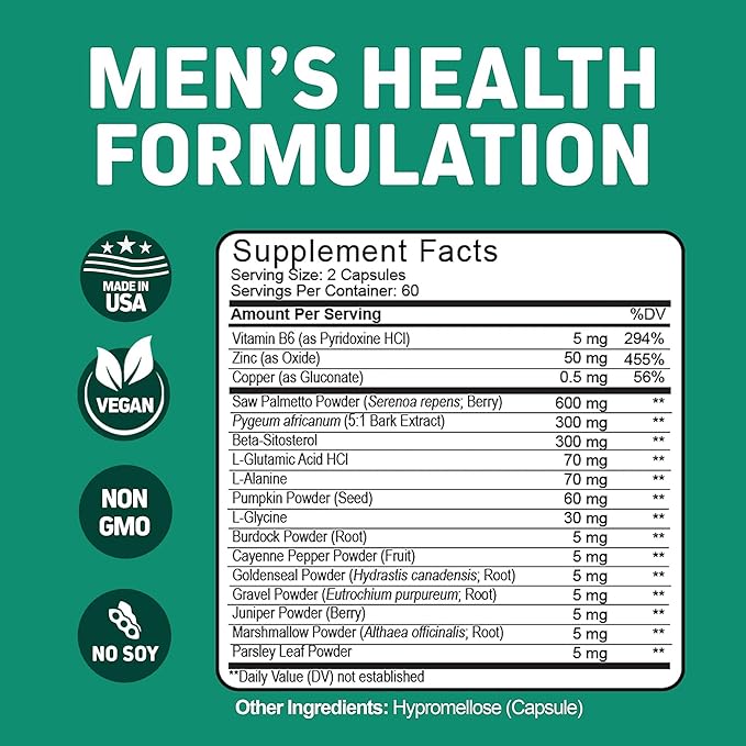 Herbtonics Prostate Support Supplement for Men's Health - Saw Palmetto & Beta Sitosterol Formula with Pumpkin Seed Oil - Promotes Prostate Health & Less Urination - DHT Blocker for Hair - 120 Capsules
