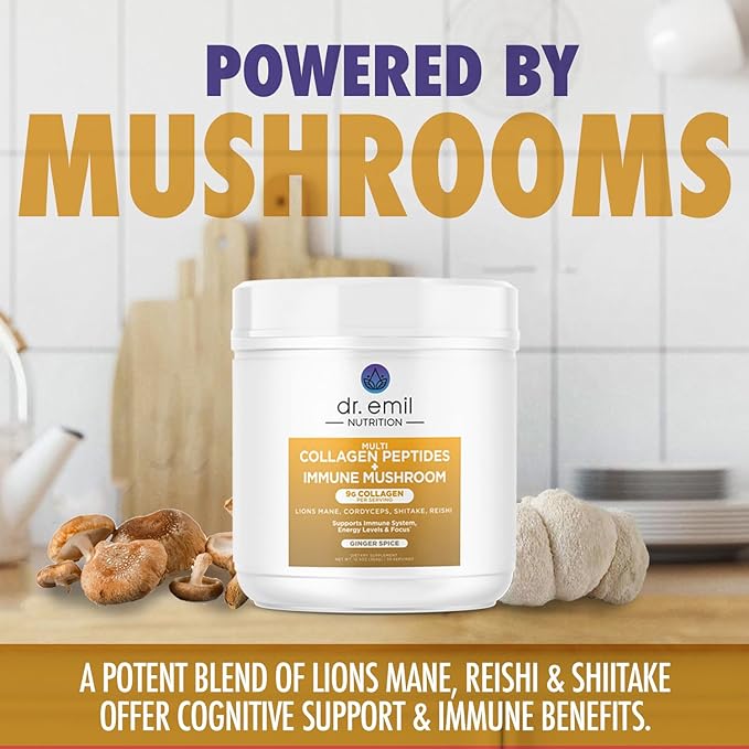 DR. EMIL NUTRITION Collagen Peptides Powder Plus Immune Mushroom Blend - Collagen Powder for Women with Lions Mane & Reishi Mushroom Powder for Immunity - Collagen Supplements for Hair, Skin & Nails