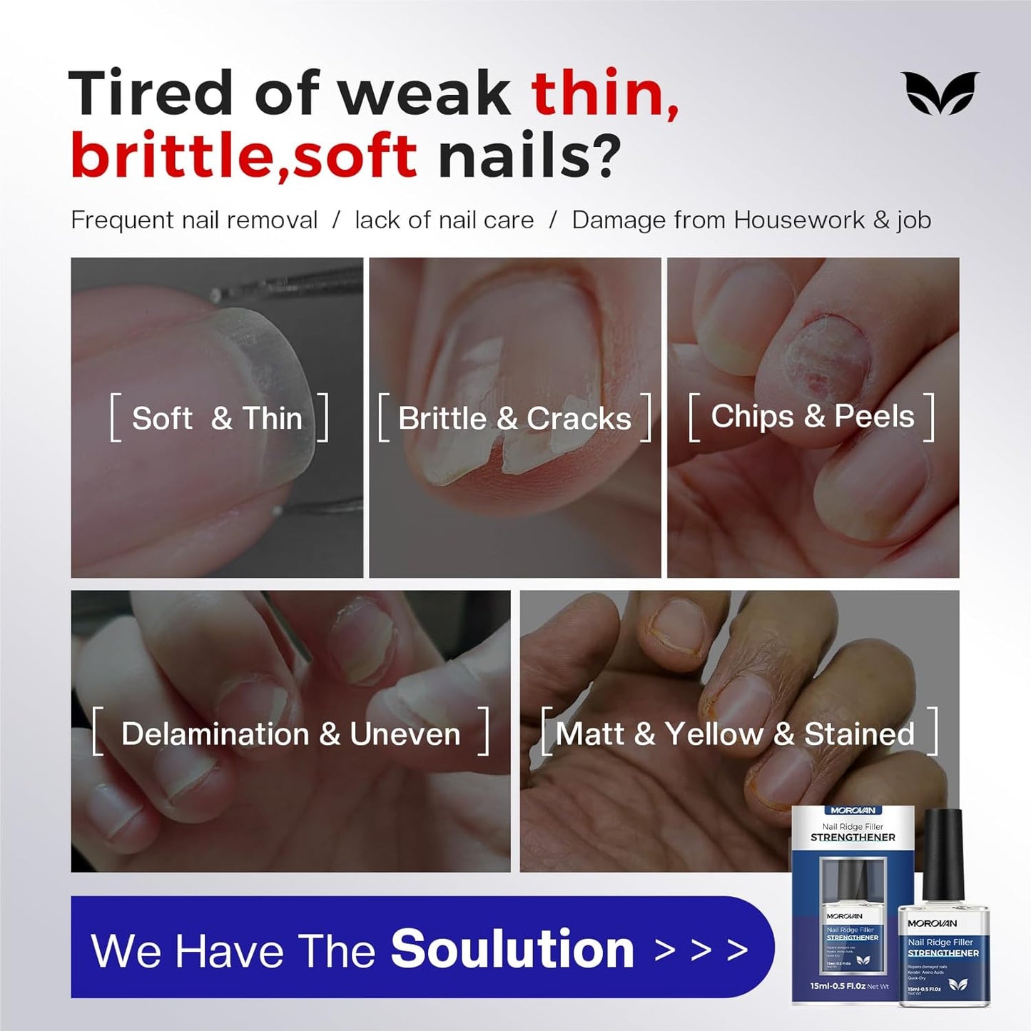 Morovan Nail Strengthener and Growth: Nail Polish Hardener for Damaged Nails Treatment Natural Keratin Repair Ridge Filler Prevents Discoloration Crack Thin Essential Manicure Nail Care Women