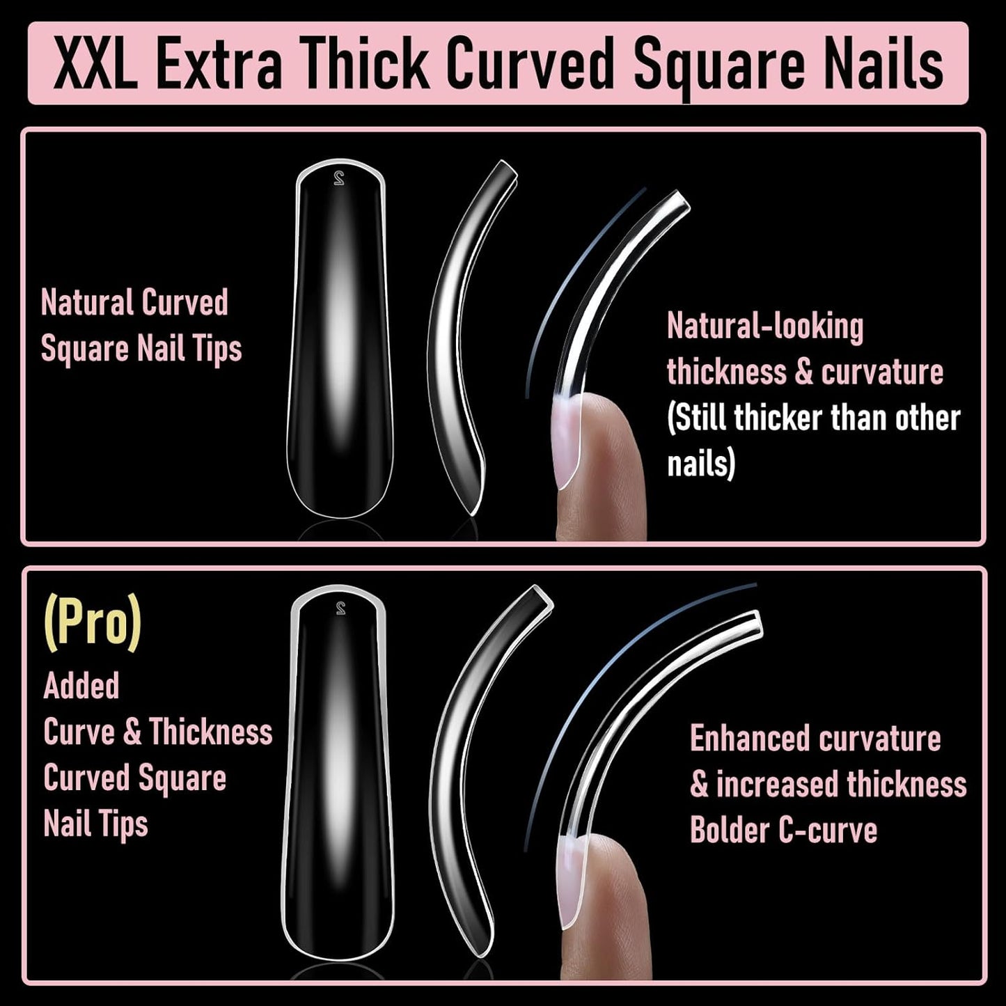 Curved Nail Tips Square Press on Full Cover Thicker Extra Curve Gel x Thick Long Acrylic Fake Nails, Clear Hard Gel French XXL False Nails for Nail Extension 12 Sizes 240 Pcs Q54 Pro
