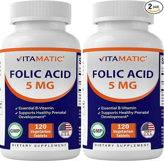 Vitamatic 2 Pack Folic Acid 5mg (5000 mcg) - 120 Vegetarian Tablets - (Vitamin B9 Folate) (Total 240 Tablets)
