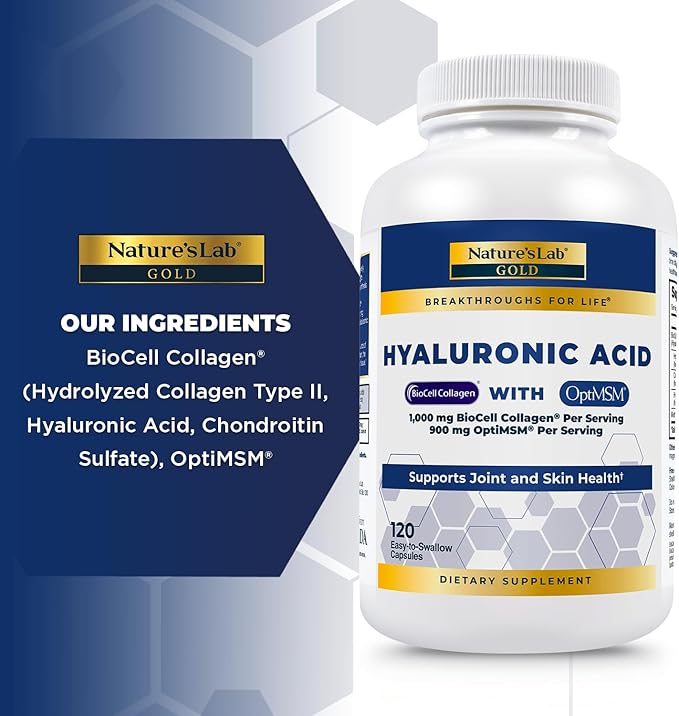 Nature's Lab Hyaluronic Acid with Biocell Collagen and MSM - Skin Hydration, Joint Health - 120 Capsules (40 Day Supply)