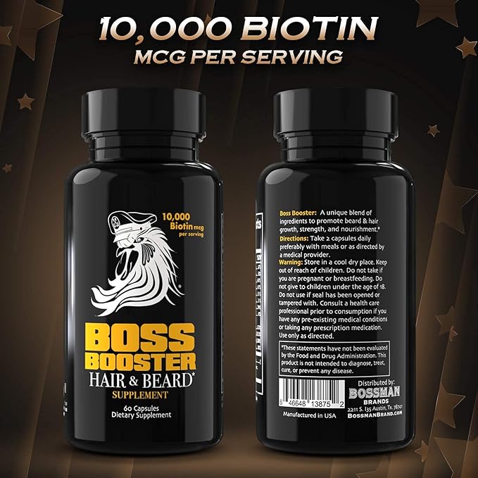 Bossman Boss Booster - Beard Growth Supplement Products for Men - 10,000 MCG Biotin and MSM - Hair Growth Vitamins and Beard Care