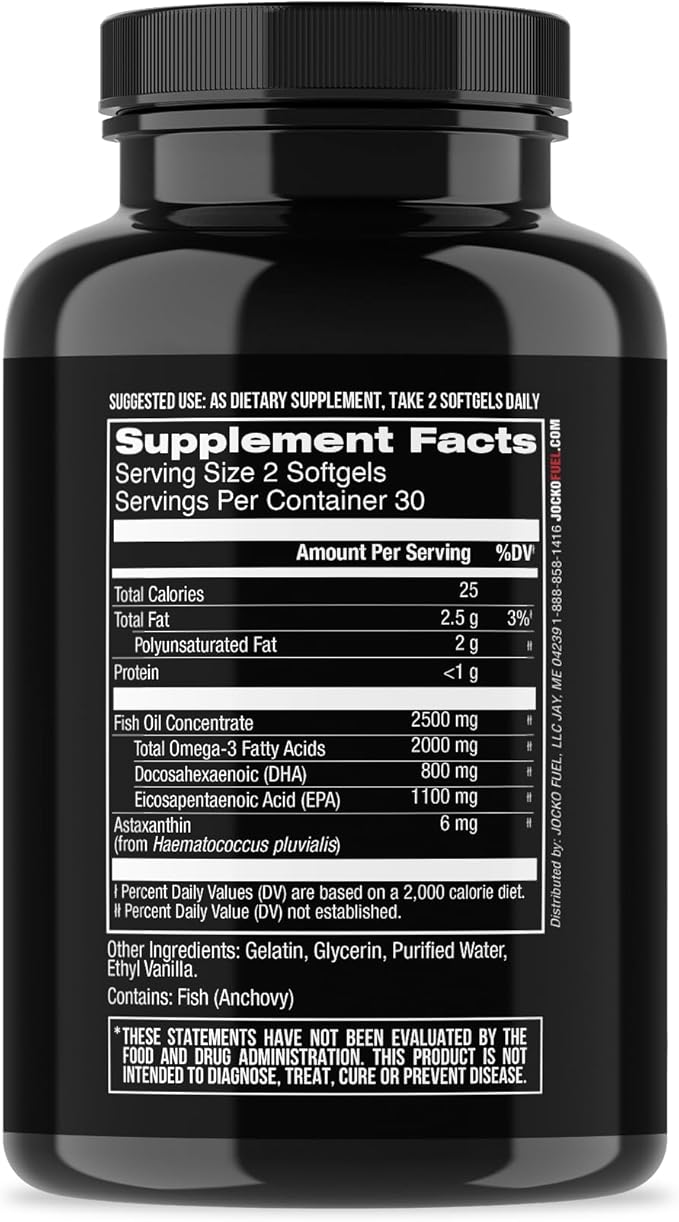 Jocko Fuel Omega 3 Fish Oil Supplement - Burpless Fish Oil 2000mg Omega 3 Fatty Acid Supplement Powerful Antioxidant with Astaxanthin - Supports Brain, Heart, & Mood (60 Capsules) (30 Day Supply)