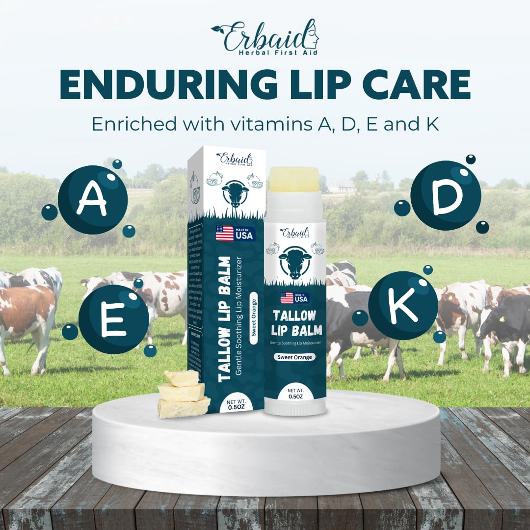 Beef Tallow Lip Balm – Natural Tallow Beeswax Chapstick – Hydrating Moisturizer Grass Fed Tallow Balm Lip Care – Soothes Chapped, Dry Lips, Sensitive Skin – Long Lasting Vitamin Rich USA-Made Orange