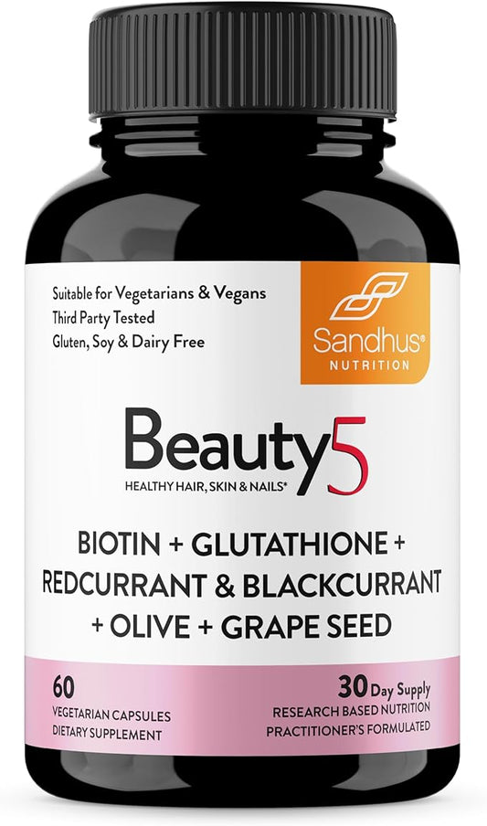 Sandhu's Beauty5 Capsules|60 Vegetarian Capsules| 30 Servings|Skincare Supplement| Supplement for Hair, Skin & Nail- Supports Collagen Synthesis| Keto & Vegan Friendly