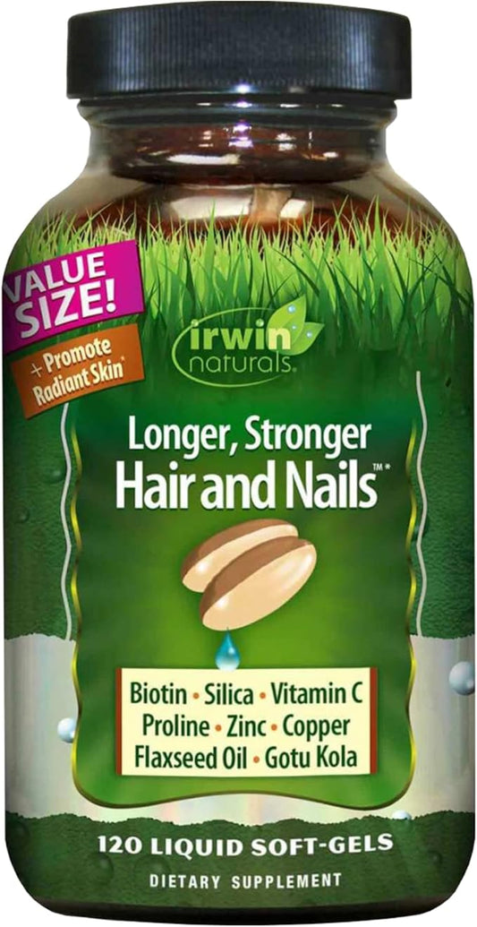 Irwin Naturals Longer, Stronger Hair and Nails - 120 Liquid Softgels - Promotes Vibrant Shine Texture & Strength - 60 Total Servings