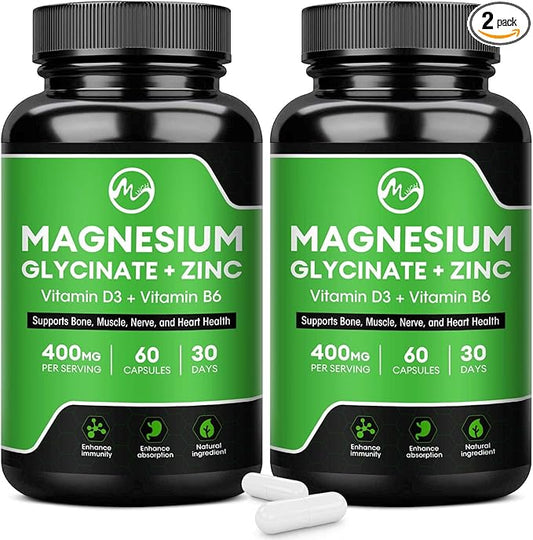 (2 Pack) Magnesium Glycinate Capsules, Magnesium Supplement 400 mg with Zinc,Vitamin D3 & B6 - Highly Bioavailable and Absorption - Bone,Heart,Joint,Immune Support - 120 Vegan Capsules for Women & Men