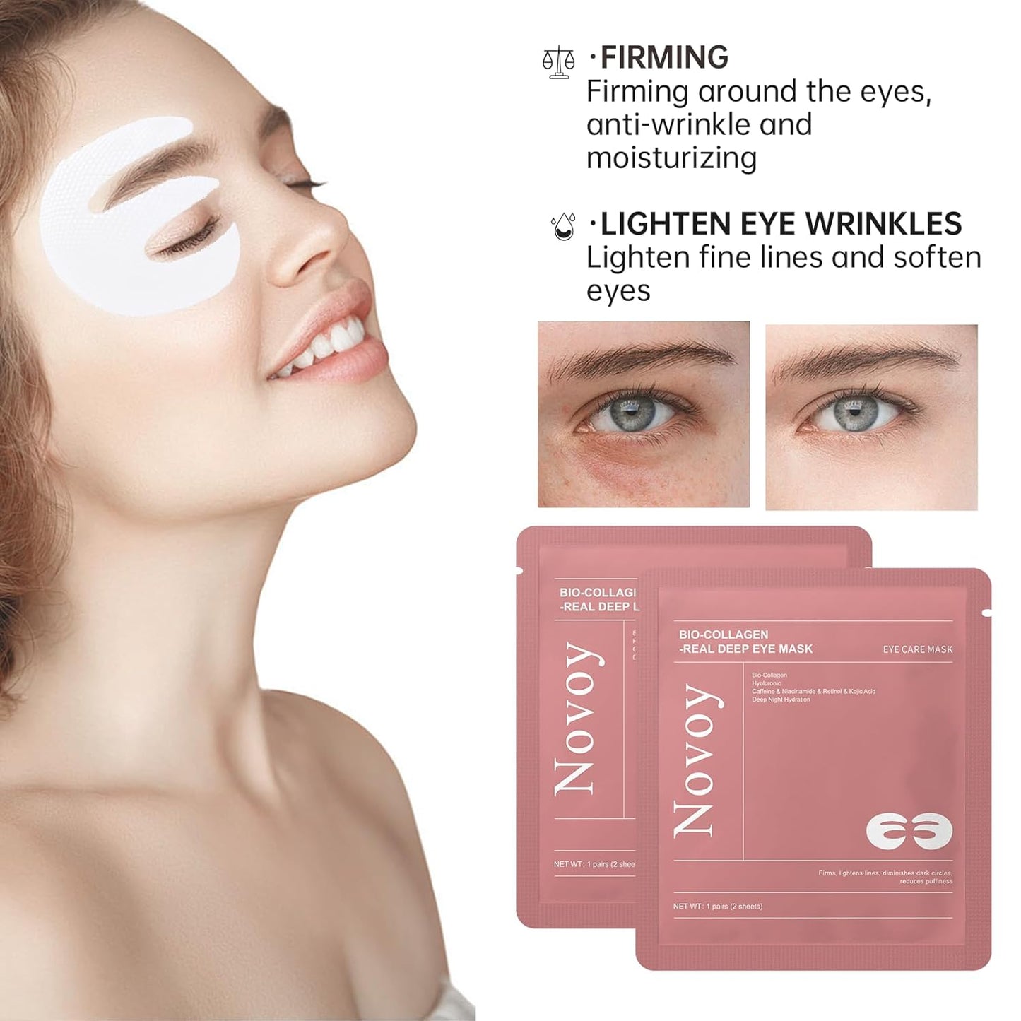 Novoy 15 Pairs Bio-Collagen Real Deep Eye Patches - 6-in-1 Retinol Overnight Eye Patches for Dark Circles, Puffiness & Wrinkles | 2% Caffeine+Hyaluronic+Niacinamide, Korean Popular Eye Mask - ROSE