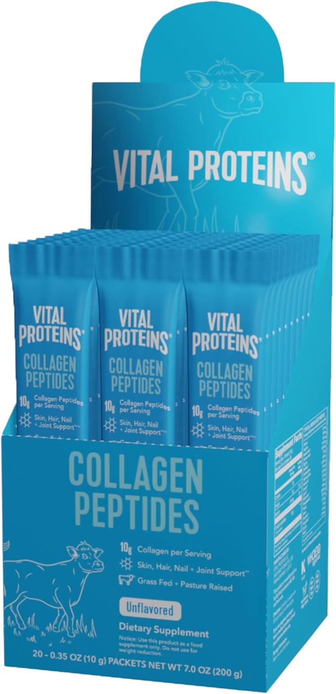 Vital Proteins Grass Fed Collagen Peptides Powder Supplement (Type I, III) Travel Packs, Hydrolyzed Collagen for Skin Hair Nail Joint - 10g per Serving - Unflavored (20ct per Box)