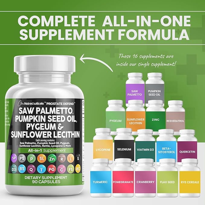 Clean Nutraceuticals Saw Palmetto Pumpkin Seed Oil Pygeum Sunflower Lecithin Stinging Nettle Cranberry - Prostate Supplements for Men with Lycopene - 90 Caps