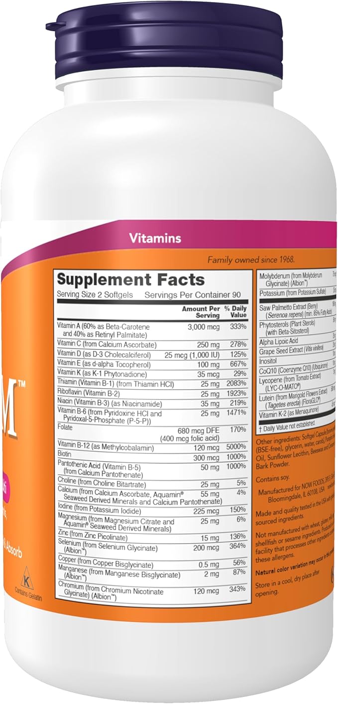 NOW Foods Supplements, ADAM™ Men's Multivitamin with Saw Palmetto, Plant Sterols, Lycopene & CoQ10, 180 Softgels