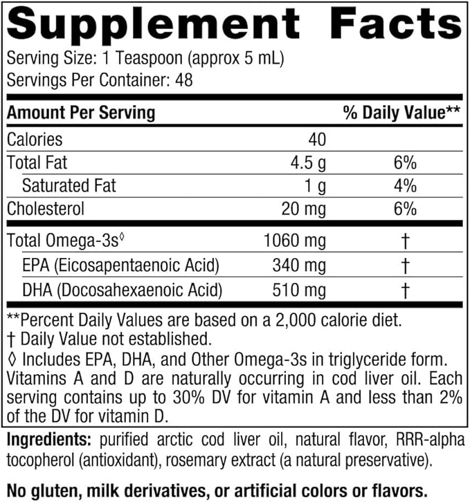 Nordic Naturals Arctic Cod Liver Oil, Lemon - 8 oz - 1060 mg Total Omega-3s with EPA & DHA - Heart & Brain Health, Healthy Immunity, Overall Wellness - Non-GMO - 48 Servings
