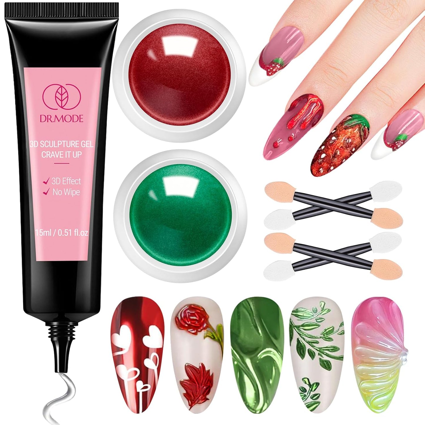 DRMODE 3D Nail Gel and Chrome Nail Powder Kit, Christmas Red Green Metallic Mirror Nail Chrome Powder Glitter, 3 in 1 No Wipe Clear 3D Sculpting Gel for Nail Art Carving Molding Rhinestone Glue 15g