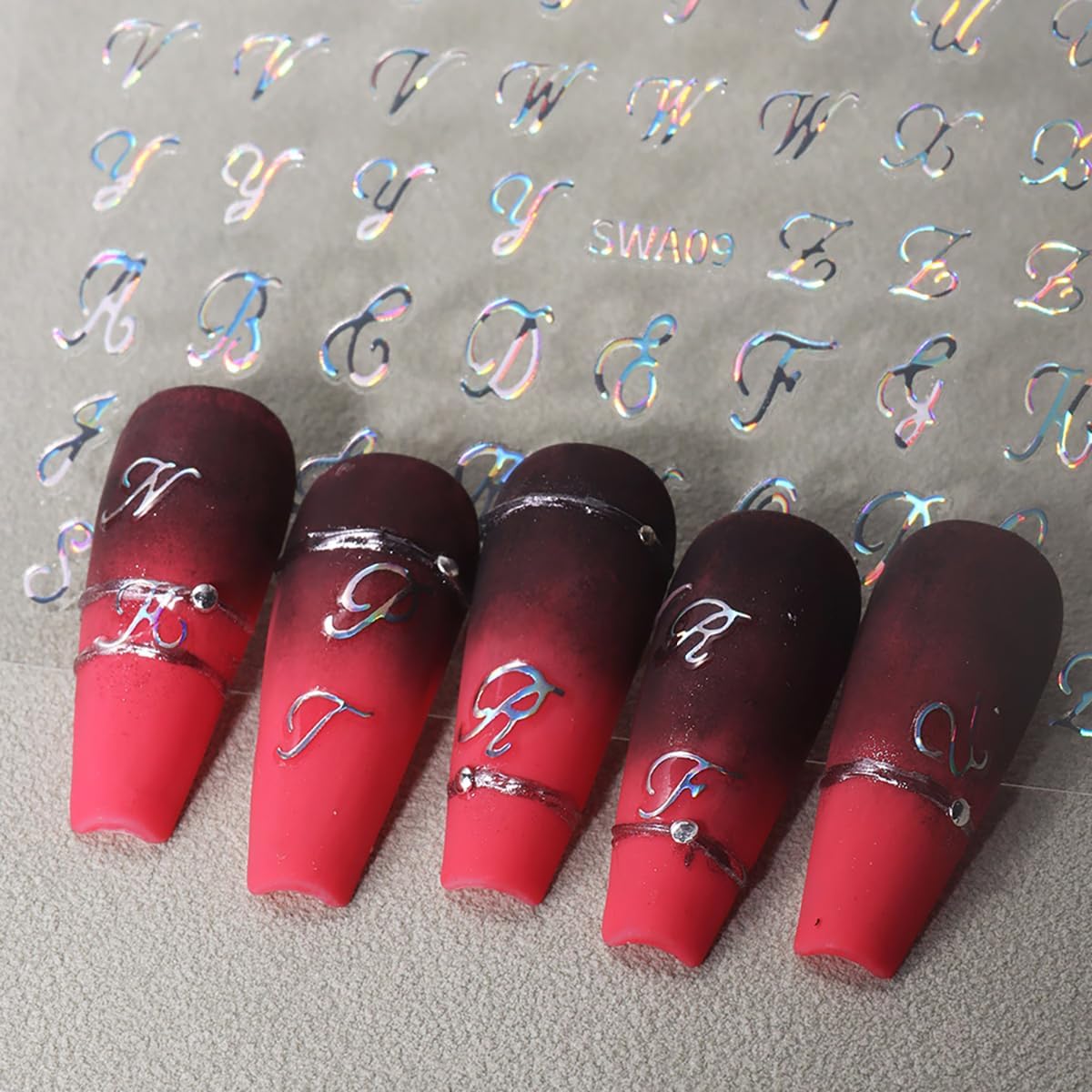 Letter Nail Art Stickers, Old English Letter Nail Art Decals 3D Self-Adhesive Gold Silver Black White Retro English Pattern Nail Design 6Pcs Nail Art Supplies for Women Nail Decoration