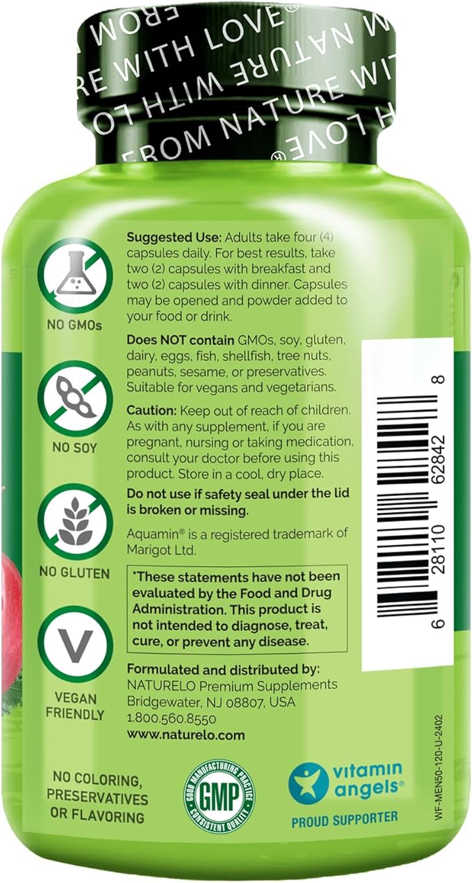 NATURELO Whole Food Multivitamin for Men 50+ - with Vitamins, Minerals, Organic Herbal Extracts - Vegan Vegetarian - for Energy, Brain, Heart and Eye Health - 120 Capsules