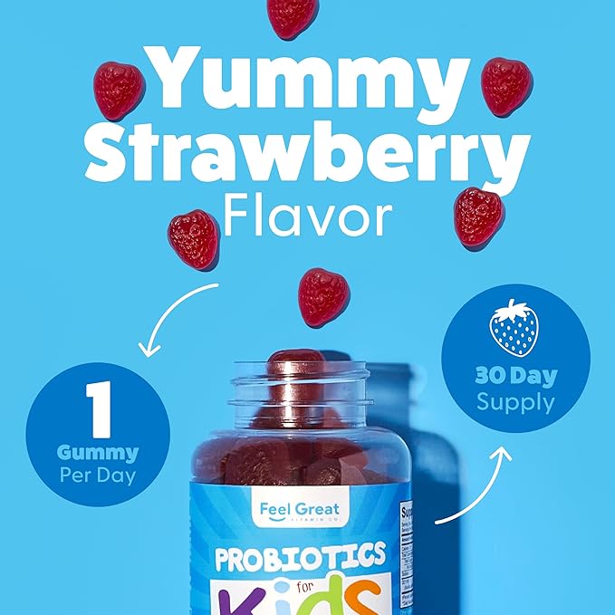 Feel Great USDA Organic Kids Probiotics Gummies | Chewable Strawberry Probiotics for Digestive Health & Immune Support | Plant Based Probiotic & Prebiotic for Kids | 30 Count
