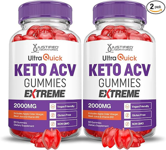 (2 Pack) Ultra Quick Keto ACV Gummies Extreme 2000MG Ultraquick Keto Gummies Apple Cider Vinegar Formulated with Pomegranate Beet Juice Powder B12 Vegan Non GMO 120 Gummys