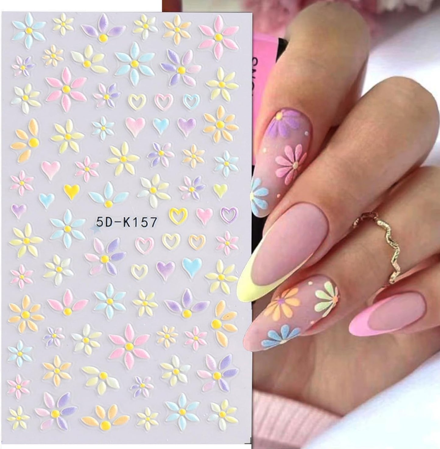 Flower Nail Stickers for Nail Art 6 Sheets 5D Embossed Nails Decals Spring Summer Self-Adhesive Supplies Accessories 3D Flowers Nails Stickers for Women Design Decoration