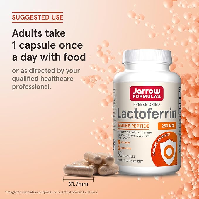 Jarrow Formulas Lactoferrin 250 mg - Immune-Supporting Glycoprotein - For Healthy Immune System Support & Iron Absorption - Freeze Dried - Gluten Free - Non-GMO - 60 Capsules (Servings)