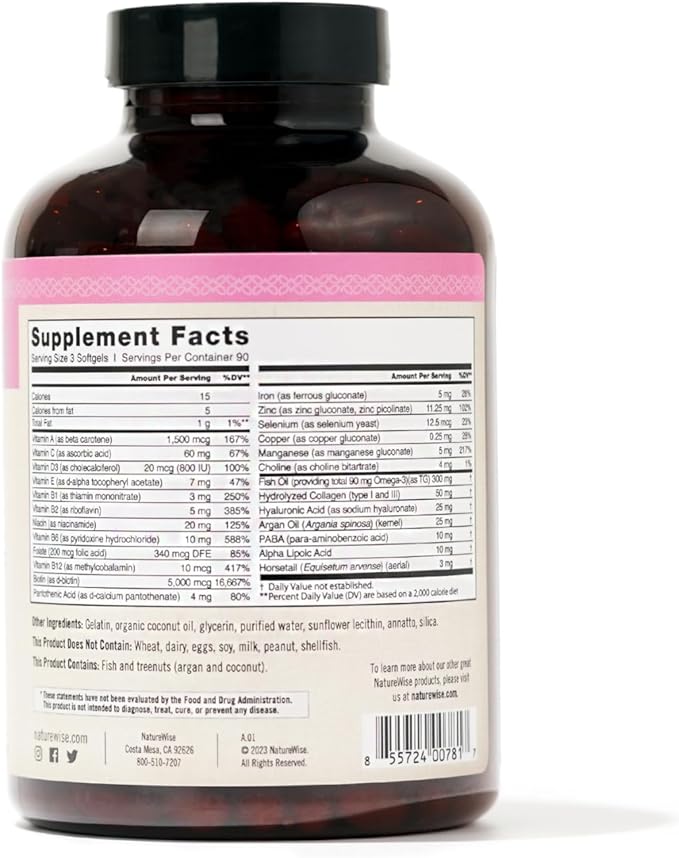 NatureWise Hair Skin and Nails Vitamin, Biotin 5000mcg w/Hyaluronic Acid, Collagen for Women with C, B Complex, D3, A, E, Iron - Non-GMO, Gluten Free - 270 Softgels[3-Month Supply]