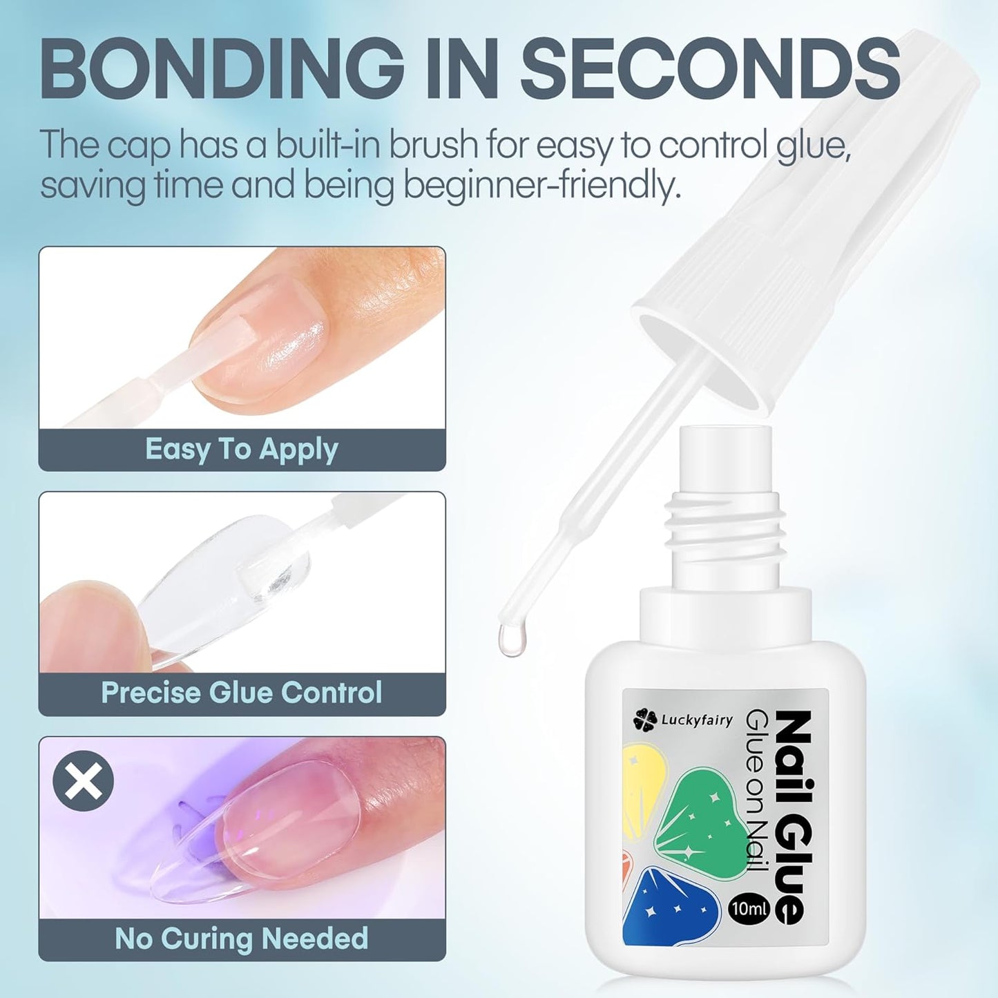 Super Strong Nail Glue 10ML for Press On Nails - No UV Light Needed, Brush On Bond for Acrylic Tips, Long Lasting Professional 0.33oz