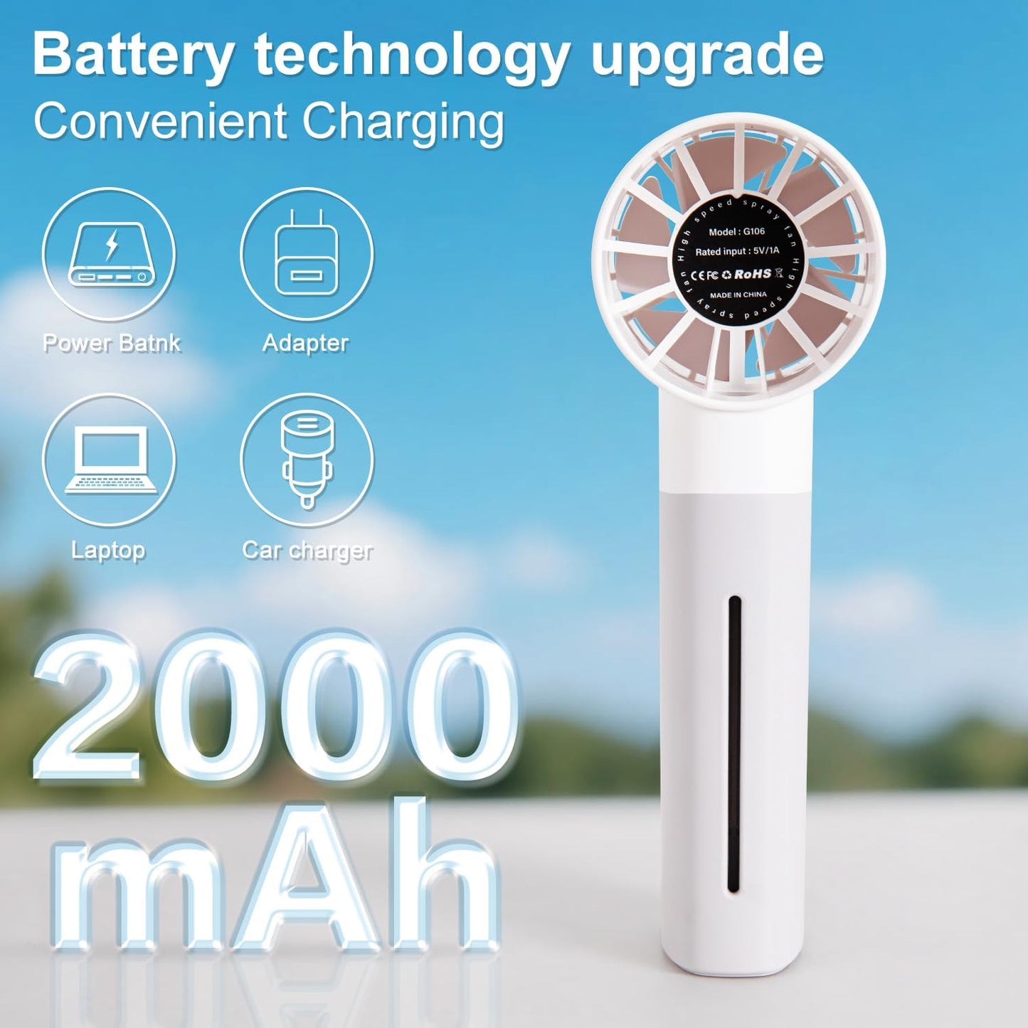 Portable mini spray fan, hand-held rechargeable humidification and water supplement fans, 5-speed, suitable for travel, beach and office use (white)