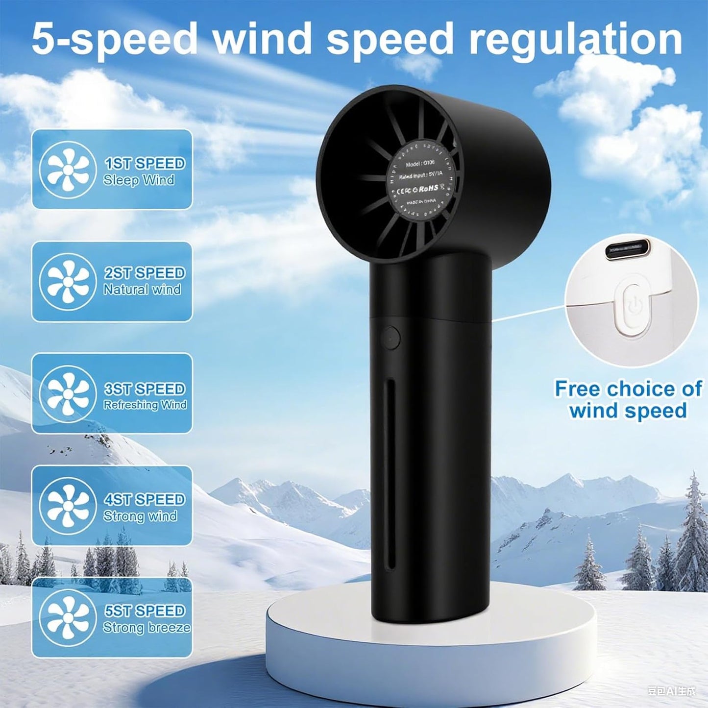 Portable misting fan, hand-held rechargeable humidification and water supplement fan,5-speed 30ML water tank suitable for travel, beach and office use (Black)