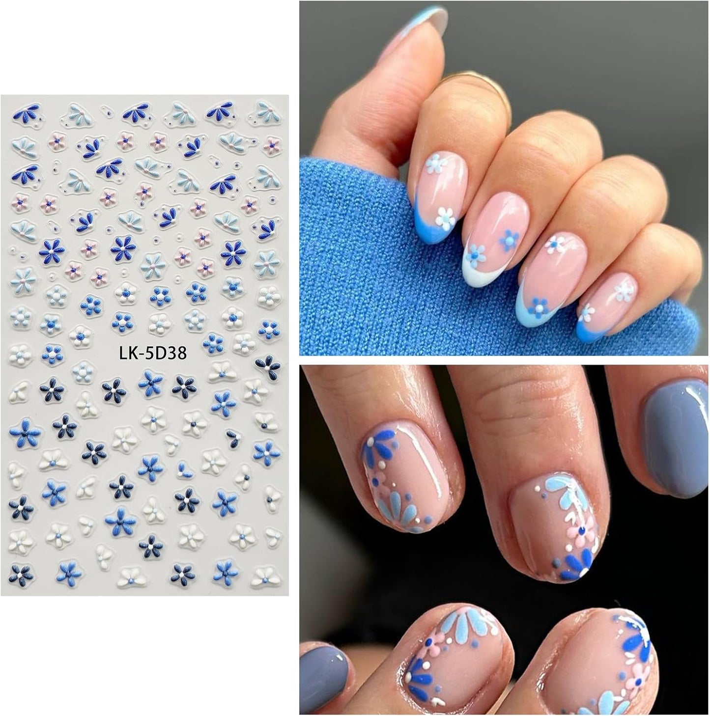 Nail Art Stickers Decals 5D Embossed Flower Nail Decals Self Adhesive Spring Summer Nails Supplies 3D Design for Women Nails Decoration Fresh Blue Purple Flower Stickers