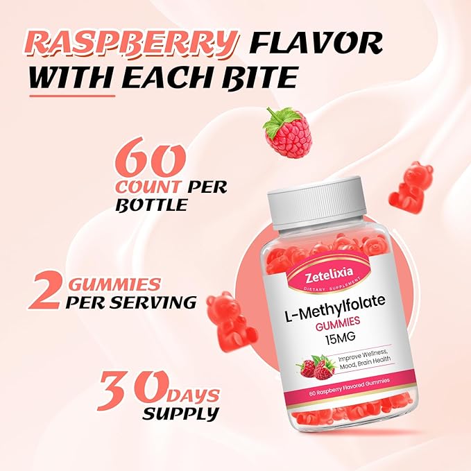 L-Methylfolate 15mg Gummies, Methylated Multivitamin with Methylated B12, Active 5-MTHF Form, Supports MTHFR Mutation, Methylation, Mood & Cognition, Vegan, Non-GMO, Raspberry Flavor, 60 Cts