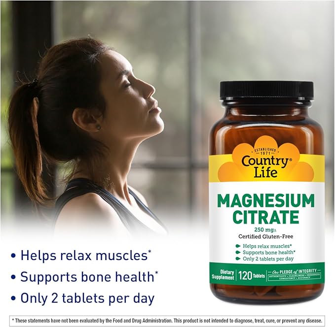 Country Life Magnesium Citrate - 120 Tablets - Supports Muscle & Nerve Function, Heart Rhythm, Healthy Immune System, Energy Production - Magnesium Citrate 250mg, Magnesium Complex Supplement