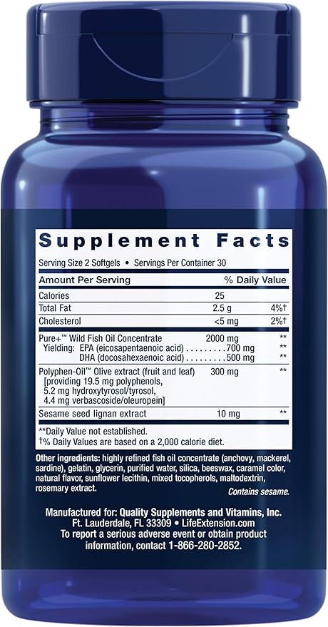 Life Extension Super Omega-3 EPA/DHA Fish Oil, Sesame Lignans & Olive Extract – Heart Health, Brain Health, Inflammation Health Support, Cholesterol Health Support, Gluten-Free, Non-GMO, 60 Softgels