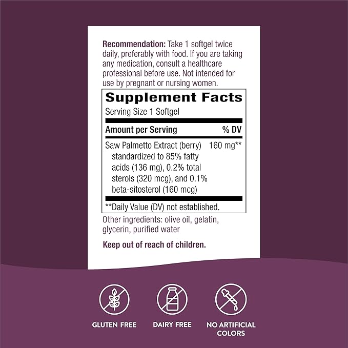 Nature's Way Premium Extract Saw Palmetto - 160 mg Saw Palmetto extract per Serving – Supports Prostate Health* - Prostate Health for Men* - Gluten Free - 60 Softgels