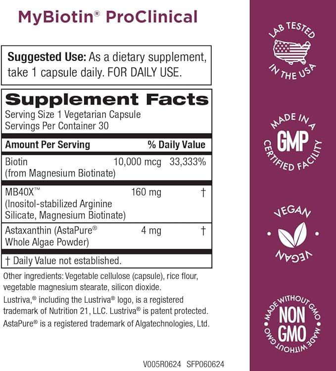 Purity Products MyBiotin ProClinical – Thicker Hair Starting in 3 Weeks & Fights Wrinkles - MB40X Patented Biotin Matrix w/Astaxanthin - 40X More Soluble vs Ordinary Biotin 30 Veg Cap