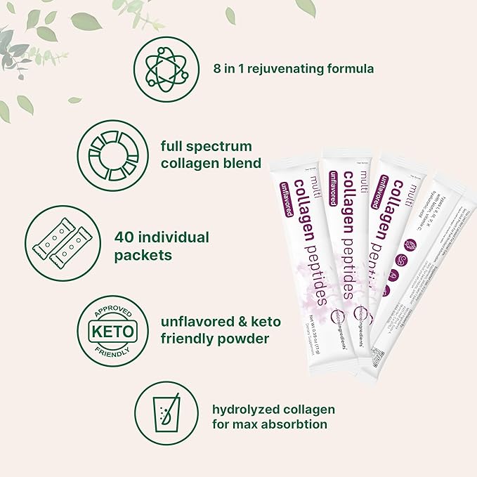 Multi Collagen Peptides, 40 Packets | Hydrolyzed Protein Peptides Powder | Type I,II,III,V,X with Hyaluronic Acid, Biotin, & Vitamin C | Unflavored, Keto, & Paleo Friendly | Ez Mix in Drinks