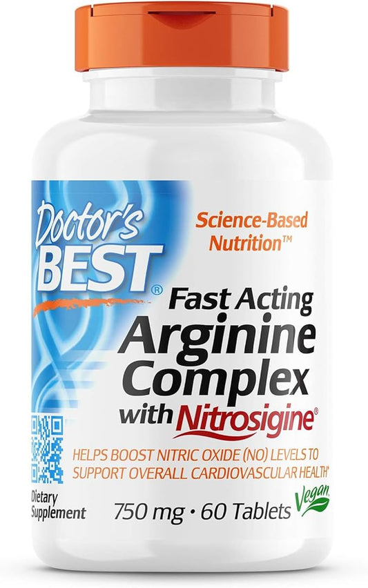 Doctor's Best Fast Acting Arginine Complex w/Nitrosigine, Boost Nitric Oxide, Blood Flow & Vessel Flexibility, Non-GMO, Vegan, Gluten Free, 750mg, White (DRB-00406), Tablet, 60 count