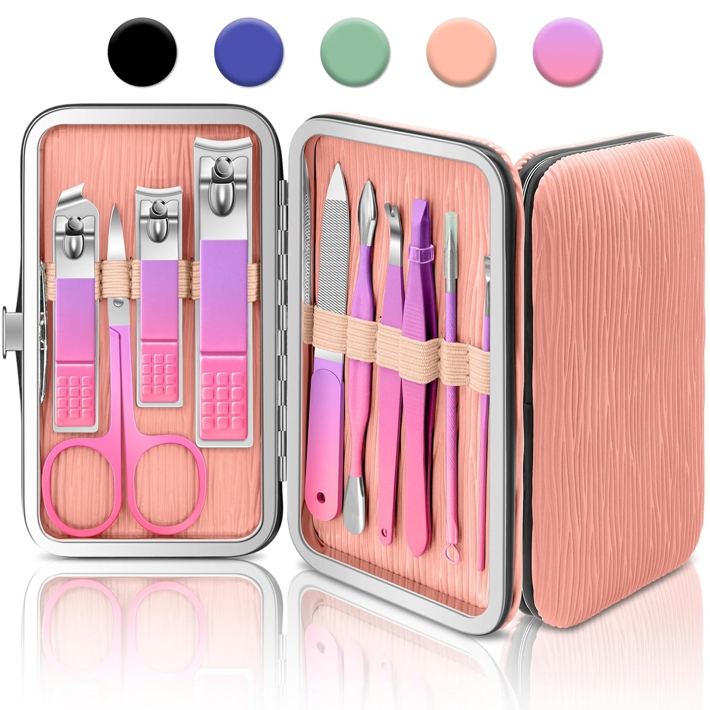BLESWIN 10 in 1 Manicure Pedicure Kit, Manicure Kit for Women Professional, Mens Nail Grooming Kit, Manicure Tools Gift for Luxury Leather Travel Case for Family Friends (Pink & Purple)