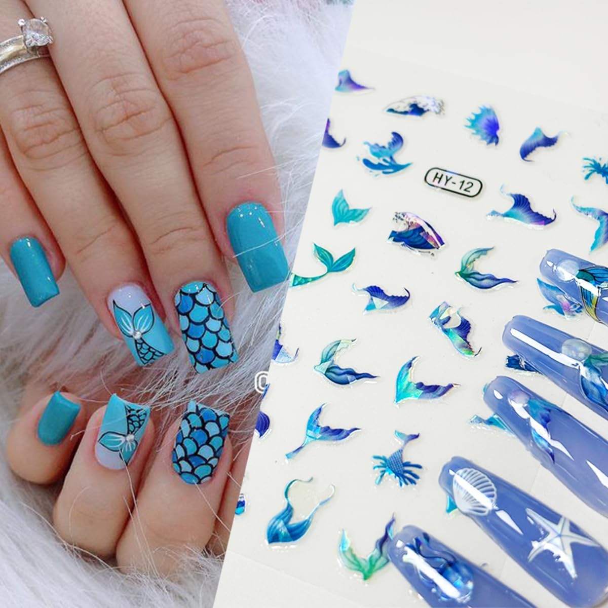 12Pcs Ocean Nail Art Stickers 3D Self Adhesive Summer Nail Stickers Holographic Colorful Shell Starfish Nail Decals Hippocampus Jellyfish Mermaid Cute Nail Art Design Decor Marine Life Nail Supplies