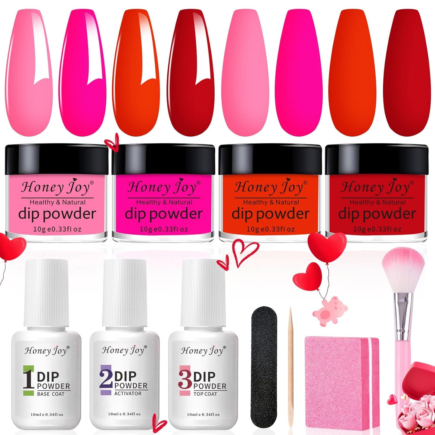Honey Joy Dip Powder Nail Kit Starter, 4 Colors Dark Red Hot Pink Fine Dipping Powder Liquid Set with Base Top Coat Activator for Nail Art Manicure Salon DIY No LED Nail Lamp Needed, Dip-7pcs-No.20