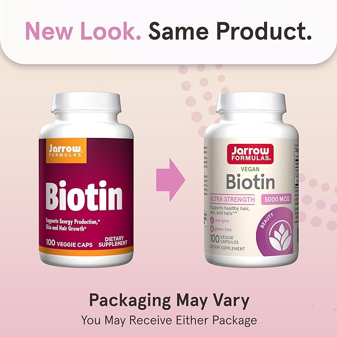 Jarrow Formulas Biotin Ultra Strength 5000 mcg, Dietary Supplement, Hair, Skin, and Nails Support, 100 Veggie Capsules, Up to 100 Day Supply