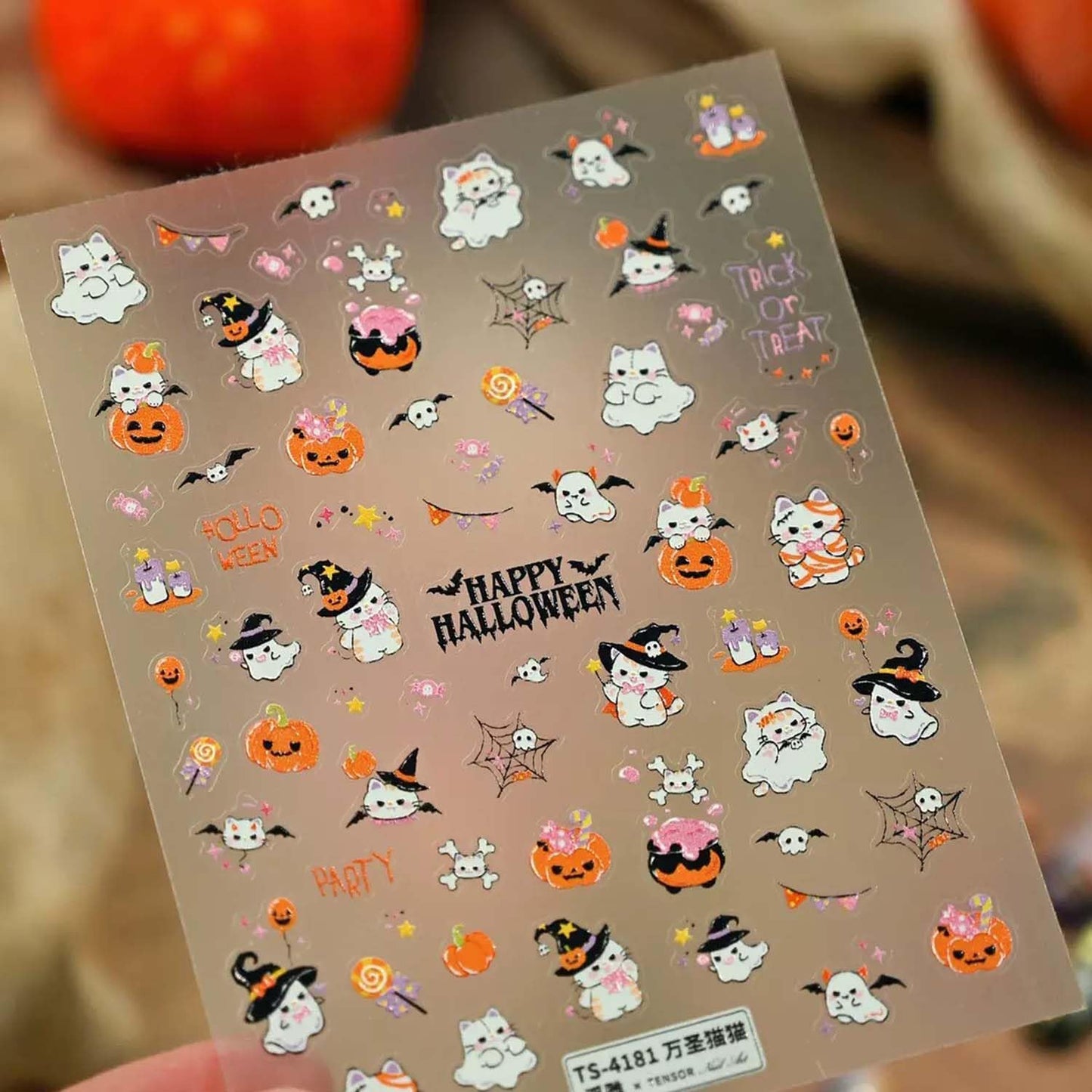 Halloween Nail Art Sticker Cute Cat Nail Stickers Pumpkin 5D Self-Adhesive Nail Decals Spider Web Bat Nail Sticker Ghost Nail Art Decal for Women DIY Manicure Decoration Supplies