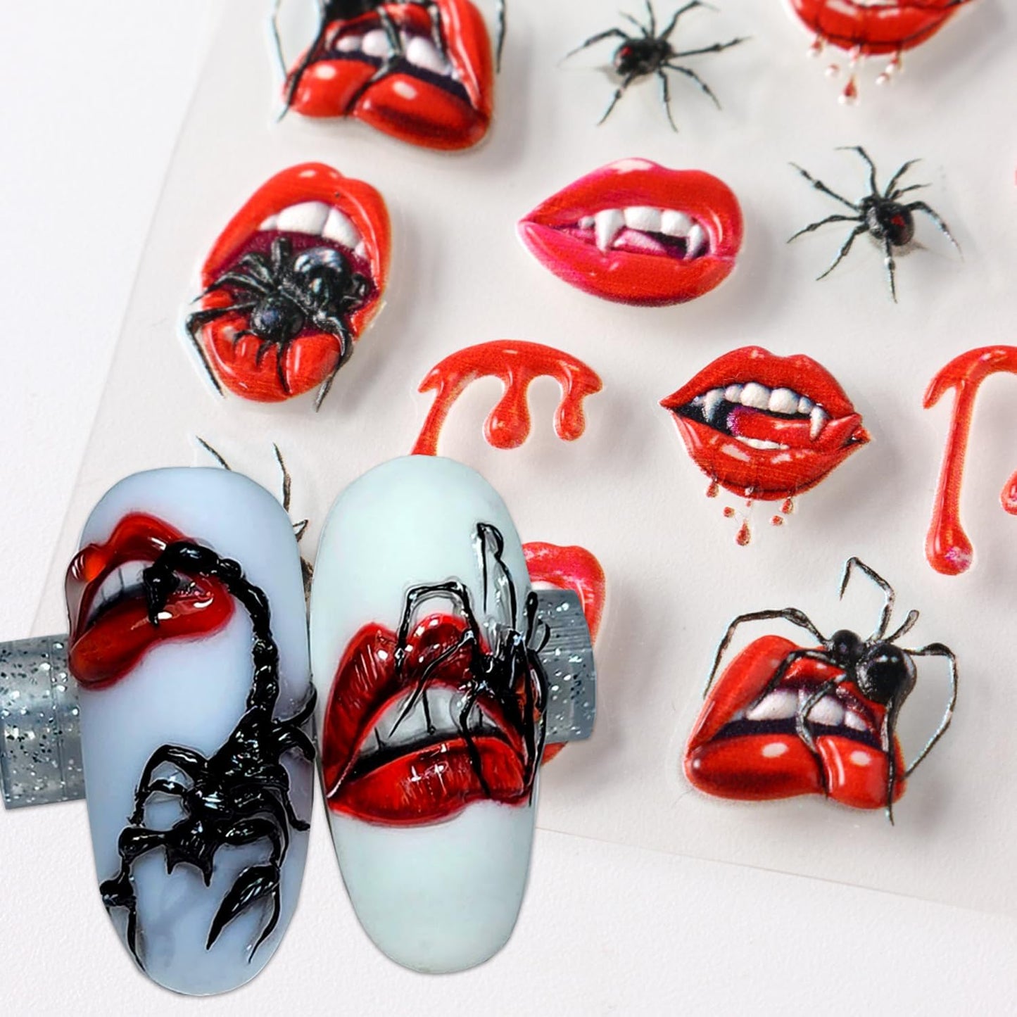2 Sheets Halloween Nail Art Stickers 5D Embossed Horror Ghost Nail Stickers Big Red Lips Pumpkin Devil's Flame Eye Bat Design Terror Spider Mummy Nail Decals for Women Acrylic DIY Nail Decorations