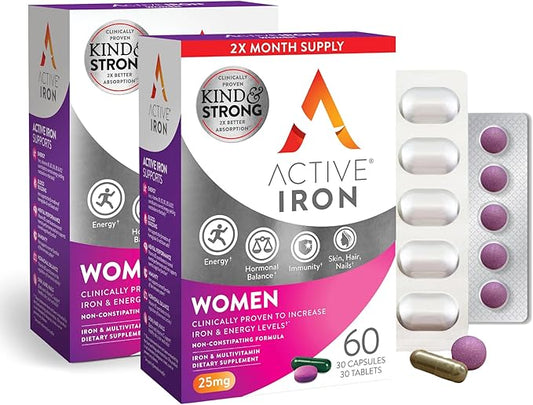 Active Iron for Women, Non-Constipating, 30 Active Iron High Potency Capsules with 30 Multivitamin Tablets, Helps Strengthen Your Immune System, 2 Pack