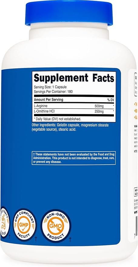 Nutricost L-Arginine L-Ornithine 750mg; 180 Capsules (3 Bottles)